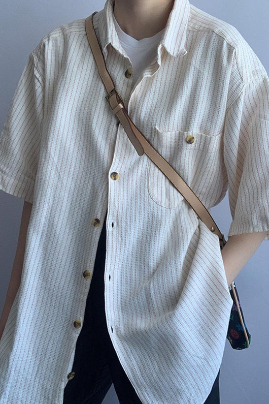 Camisa de Rayas Beige con Mangas Cortas Clásica - Image 8