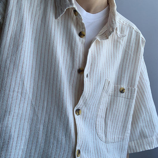 Camisa de Rayas Beige con Mangas Cortas Clásica - Image 6
