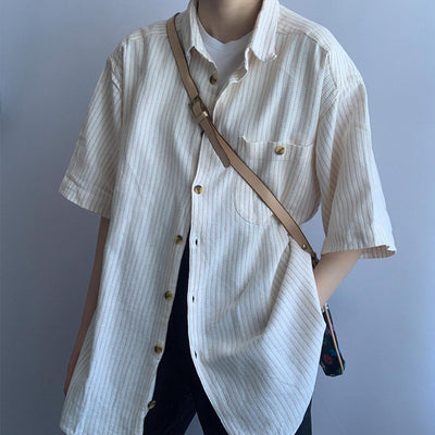 Camisa de Rayas Beige con Mangas Cortas Clásica - Image 10