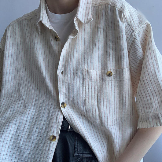 Camisa de Rayas Beige con Mangas Cortas Clásica - Image 5