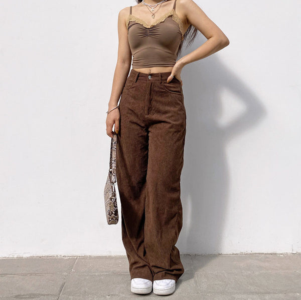 Pantalón Corduroy Cintura Alta con Bolsillos - Corte Recto Clásico