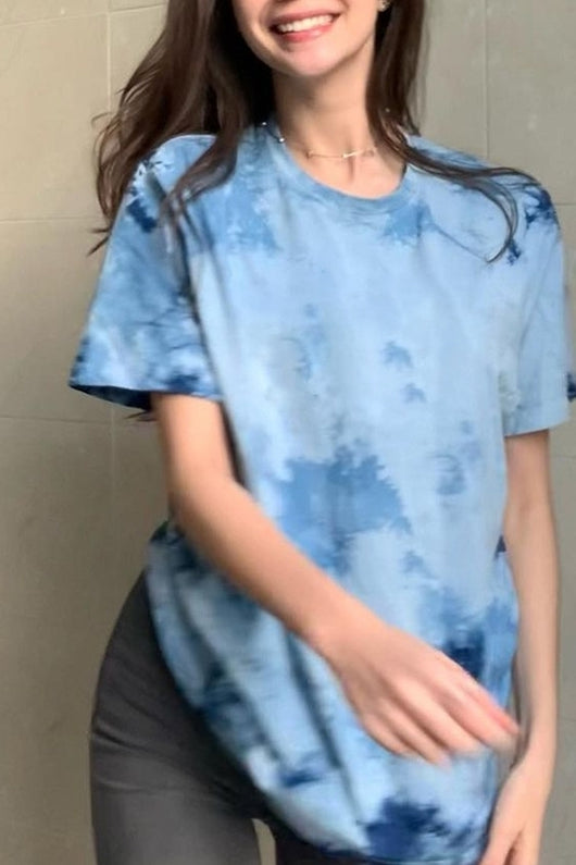 Playera Tie-Dye Azul Retro Americana Holgada para Mujer - Verano Fresco y Cómodo - Image 6
