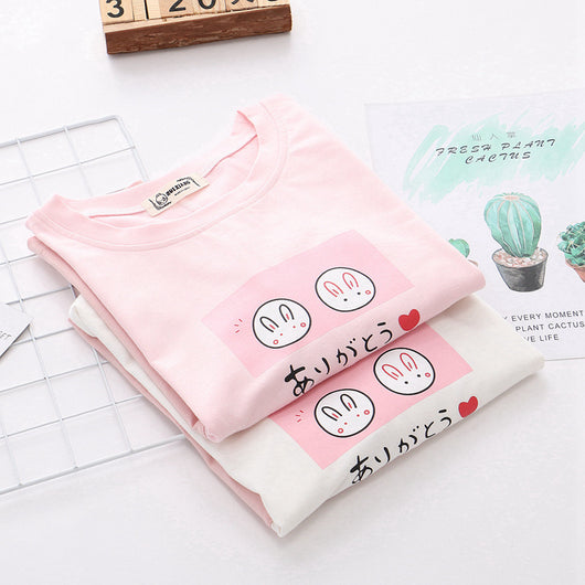 Blusa Estilo Universitario con Dos Conejitos Kawaii - Cuello Redondo Manga Corta - Image 8