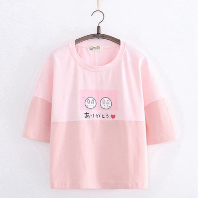 Blusa Estilo Universitario con Dos Conejitos Kawaii - Cuello Redondo Manga Corta - Image 9