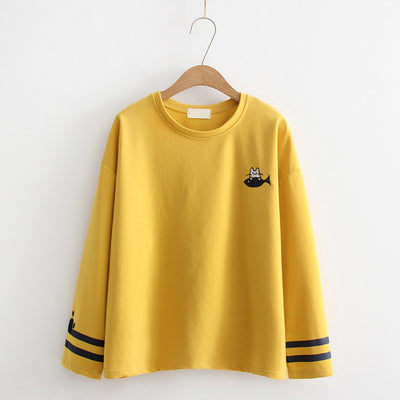 Playera Manga Larga con Bordado de Gatito para Estudiantes - Image 3