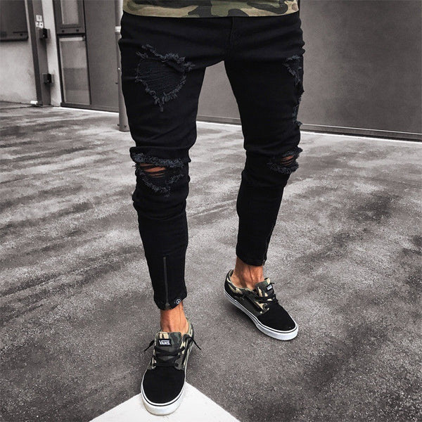 Jeans Negros Rotos para Hombre con Detalles Vintage