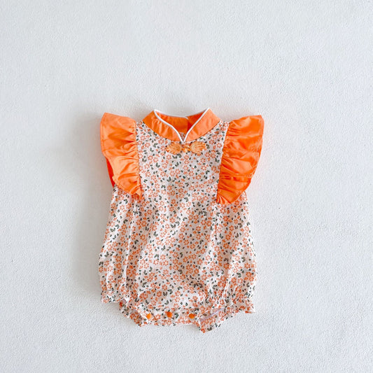 Jumpsuit Estilo Cheongsam con Cuello Asiático y Mangas Volantes Floral