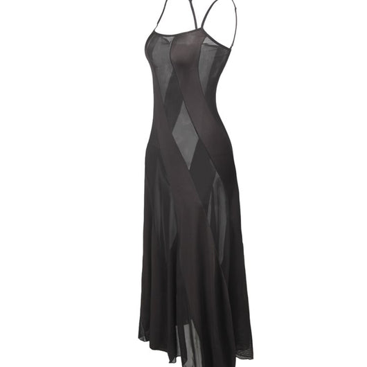 Vestido Pijama Negro Sensual de Malla con Tirantes Finos para Mujer