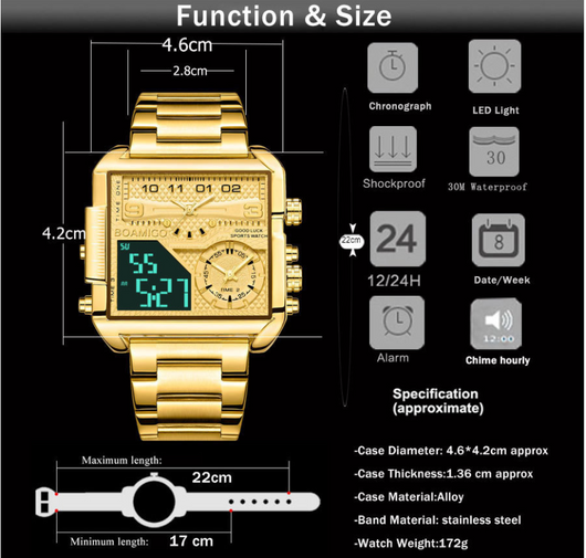 Reloj Deportivo de Lujo BOAMIGO Acero Inoxidable Dorado Digital Analógico Cuarzo para Hombre - Image 7