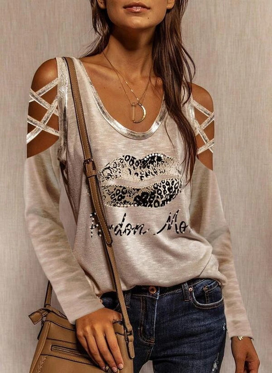 Camiseta Estampada Cuello Redondo Hombro Descubierto con Letras Cruzadas para Mujer - Image 8