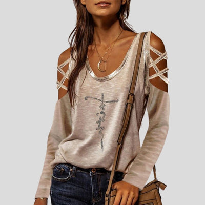 Camiseta Estampada Cuello Redondo Hombro Descubierto con Letras Cruzadas para Mujer - Image 2