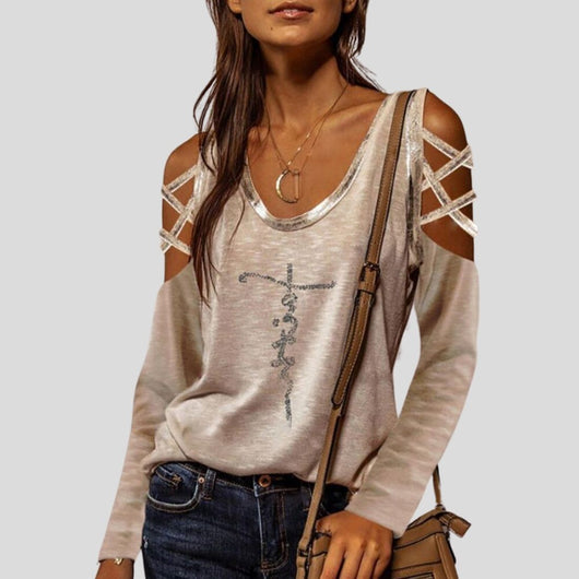 Camiseta Estampada Cuello Redondo Hombro Descubierto con Letras Cruzadas para Mujer - Image 5