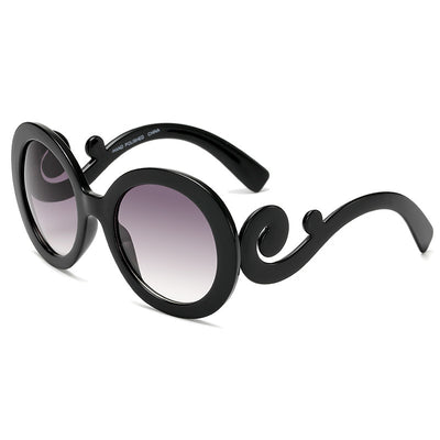 White retro ladies sunglasses with thick round frames, grey gradient lenses, and decorative scrollwork on the temples. - Image 7