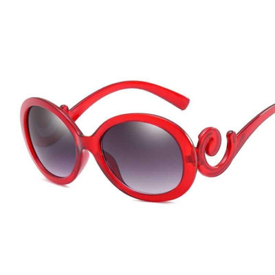 White retro ladies sunglasses with thick round frames, grey gradient lenses, and decorative scrollwork on the temples. - Image 6