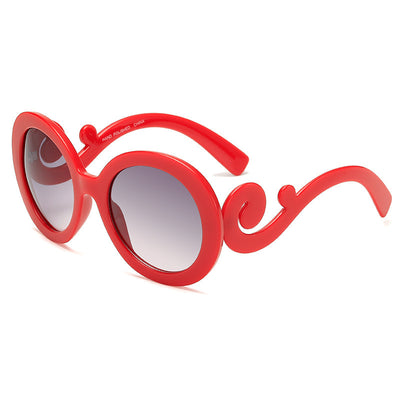White retro ladies sunglasses with thick round frames, grey gradient lenses, and decorative scrollwork on the temples. - Image 4