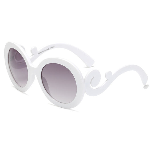 White retro ladies sunglasses with thick round frames, grey gradient lenses, and decorative scrollwork on the temples. - Image 5