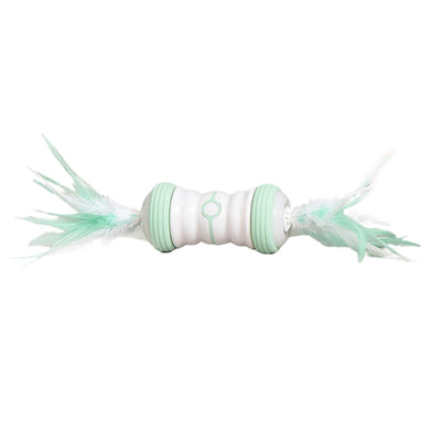 Pink and white electric cat toy with feathers on both ends, featuring a central power button. - Image 12