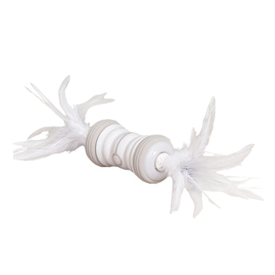 Pink and white electric cat toy with feathers on both ends, featuring a central power button. - Image 3
