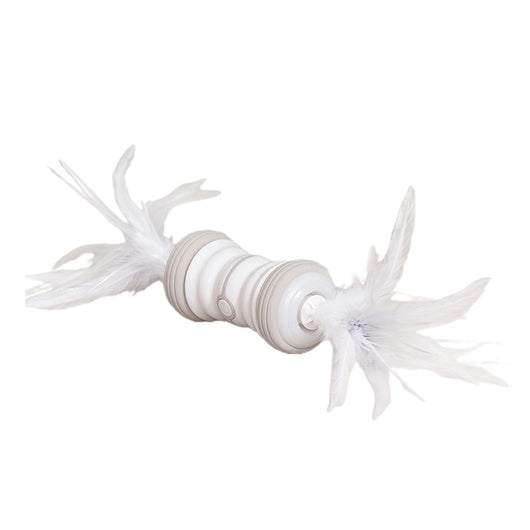 Pink and white electric cat toy with feathers on both ends, featuring a central power button. - Image 3
