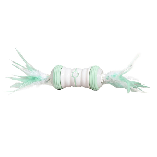 Pink and white electric cat toy with feathers on both ends, featuring a central power button.