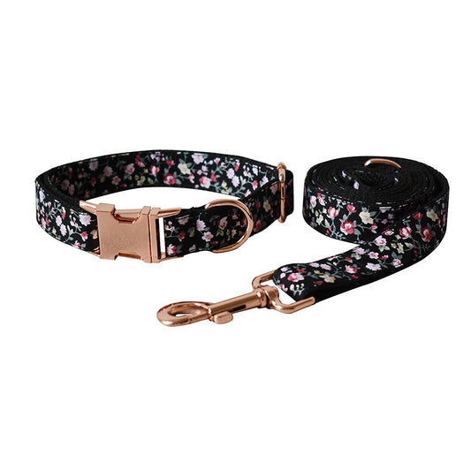 Correa y Collar para Perro y Gato con Diseño Floral Negro