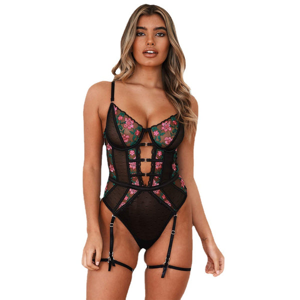 Traje Mono de Lencería Sexy con Tirantes y Costura Decorativa Compleja