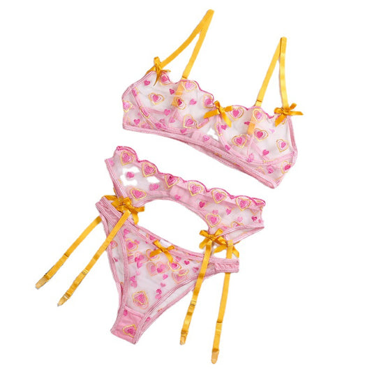 Conjunto de Lencería Transparente con Moño Bordado y Liguero de 3 Piezas