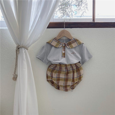 Conjunto de Ropa Infantil Verano Cuadros Azul Marino con Cuello Reforzado - Image 8