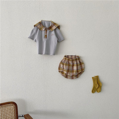Conjunto de Ropa Infantil Verano Cuadros Azul Marino con Cuello Reforzado - Image 3