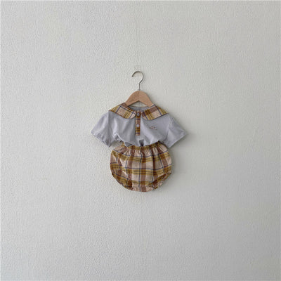 Conjunto de Ropa Infantil Verano Cuadros Azul Marino con Cuello Reforzado