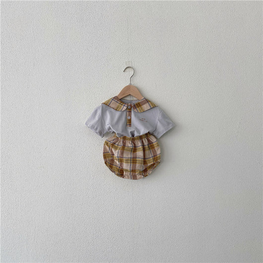 Conjunto de Ropa Infantil Verano Cuadros Azul Marino con Cuello Reforzado