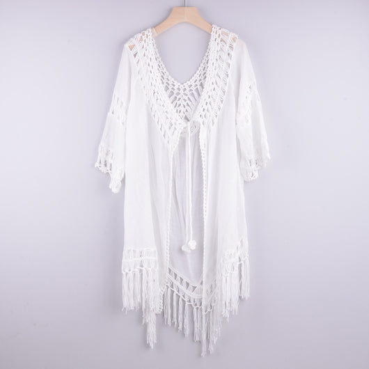 Bikini Franjado con Tirantes y Blusa Playera Tipo Cardigan para Vacaciones
