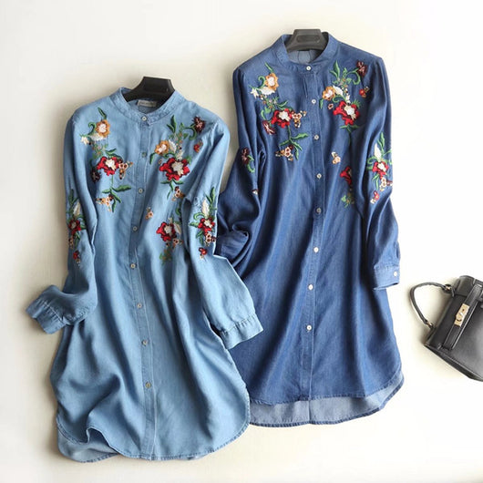 Vestido Largo Tencel Denim con Cuello Alzado y Bordados - Image 16