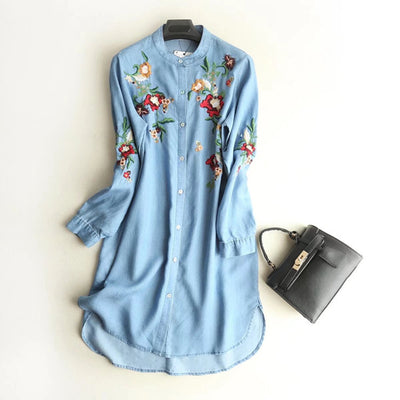 Vestido Largo Tencel Denim con Cuello Alzado y Bordados - Image 2