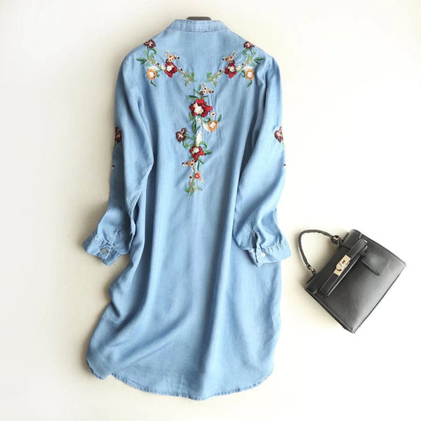 Vestido Largo Tencel Denim con Cuello Alzado y Bordados - Image 4