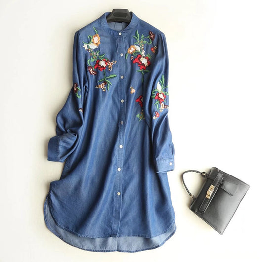 Vestido Largo Tencel Denim con Cuello Alzado y Bordados - Image 3