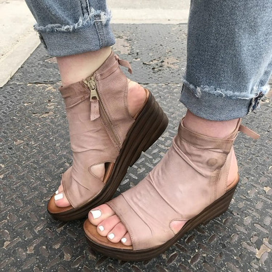 Sandalias Cuña Mujer con Cierre Lateral y Textura Fruncida