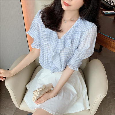 Blusa de Gasa con Escote en V, Cuadros y Mangas Puff Voluminosas