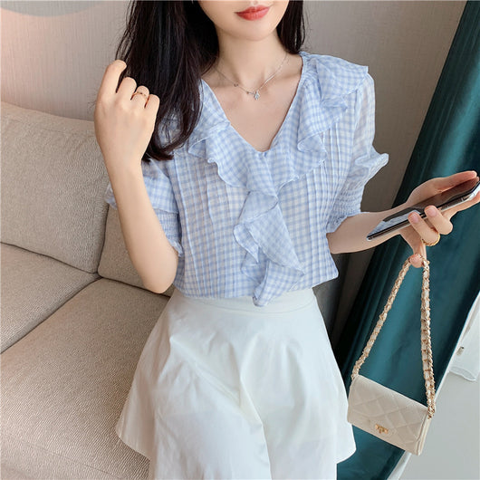 Blusa de Gasa con Escote en V, Cuadros y Mangas Puff Voluminosas - Image 4