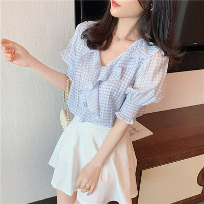 Blusa de Gasa con Escote en V, Cuadros y Mangas Puff Voluminosas - Image 3