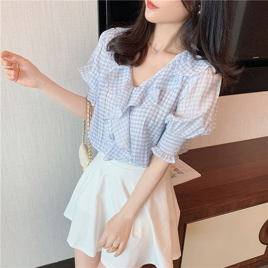 Blusa de Gasa con Escote en V, Cuadros y Mangas Puff Voluminosas - Image 3