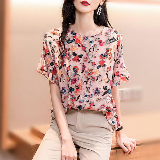 Blusa Chiffón Manga Corta Cuello Redondo para Mujer - Top Verano - Image 10