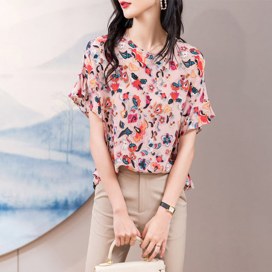 Blusa Chiffón Manga Corta Cuello Redondo para Mujer - Top Verano - Image 9