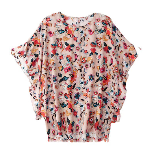 Blusa Chiffón Manga Corta Cuello Redondo para Mujer - Top Verano