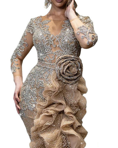 Vestido de Fiesta Dorado con Detalles Brillantes para Damas - Image 3