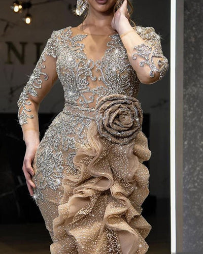 Vestido de Fiesta Dorado con Detalles Brillantes para Damas - Image 5
