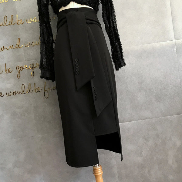 Falda Midi Cintura Alta Negra de Temperamento Profesional