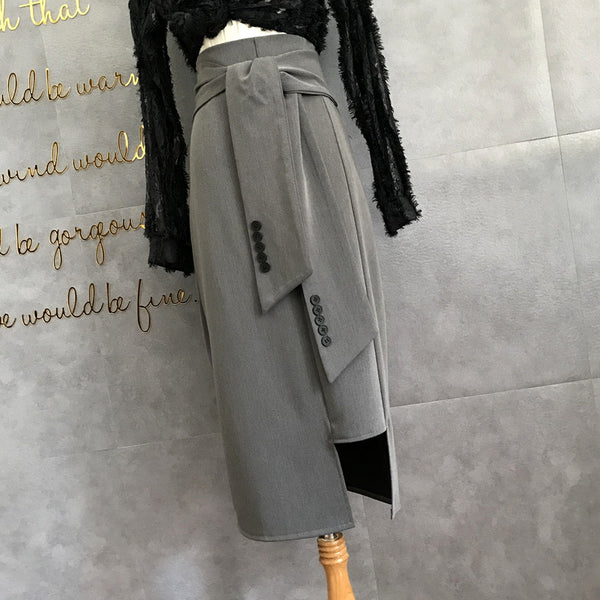 Falda Midi Cintura Alta Negra de Temperamento Profesional