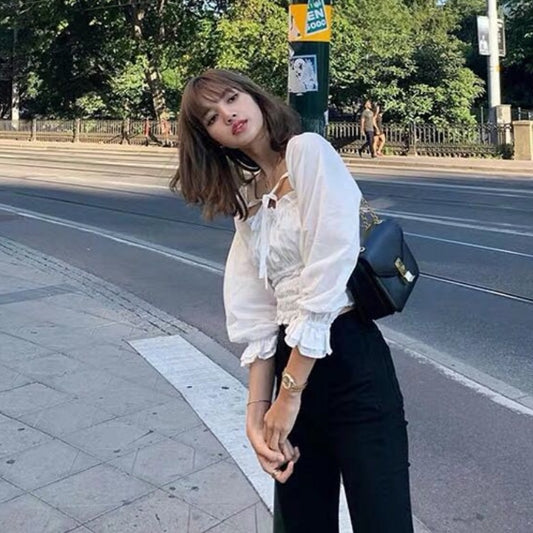 Blazer Negro Estilo Lisa con Cuello Cuadrado y Cintura Elástica