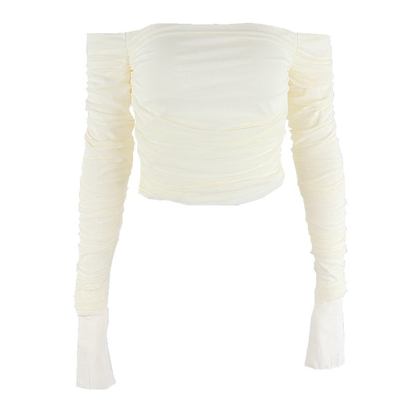Blusa Crop Hombros Descubiertos con Mangas Acampanadas en Tul